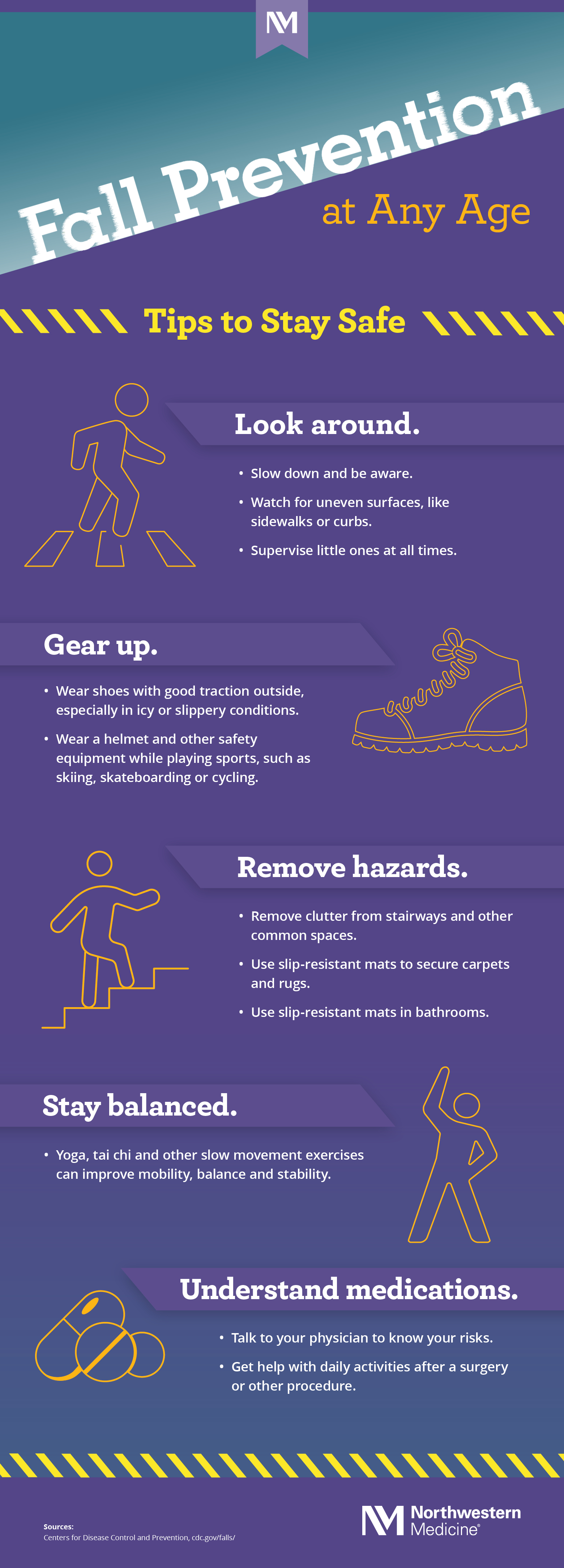 Infographic with headline "Fall Prevention at Any Age" and subheading Tips to Stay Safe.